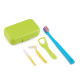 Orthodontic set for care of braces with a tongue scraper, light green